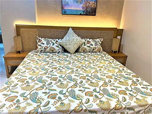 Anchals Collection Jaipuri Block Print Double Bed 90 X 100 inch Queen/King Size Cotton bedsheet Set with Two Full Size Pillow Covers�100% Stylish