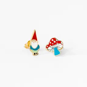 Asymmetrical Cloisonné Stud Earrings - Gnome & Mushroom