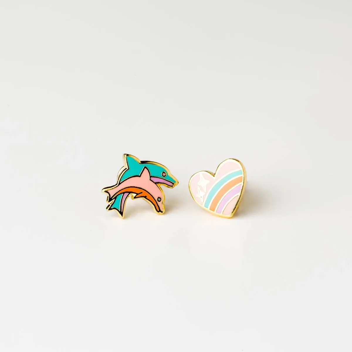 Asymmetrical Cloisonné Stud Earrings - Heart & Dolphin