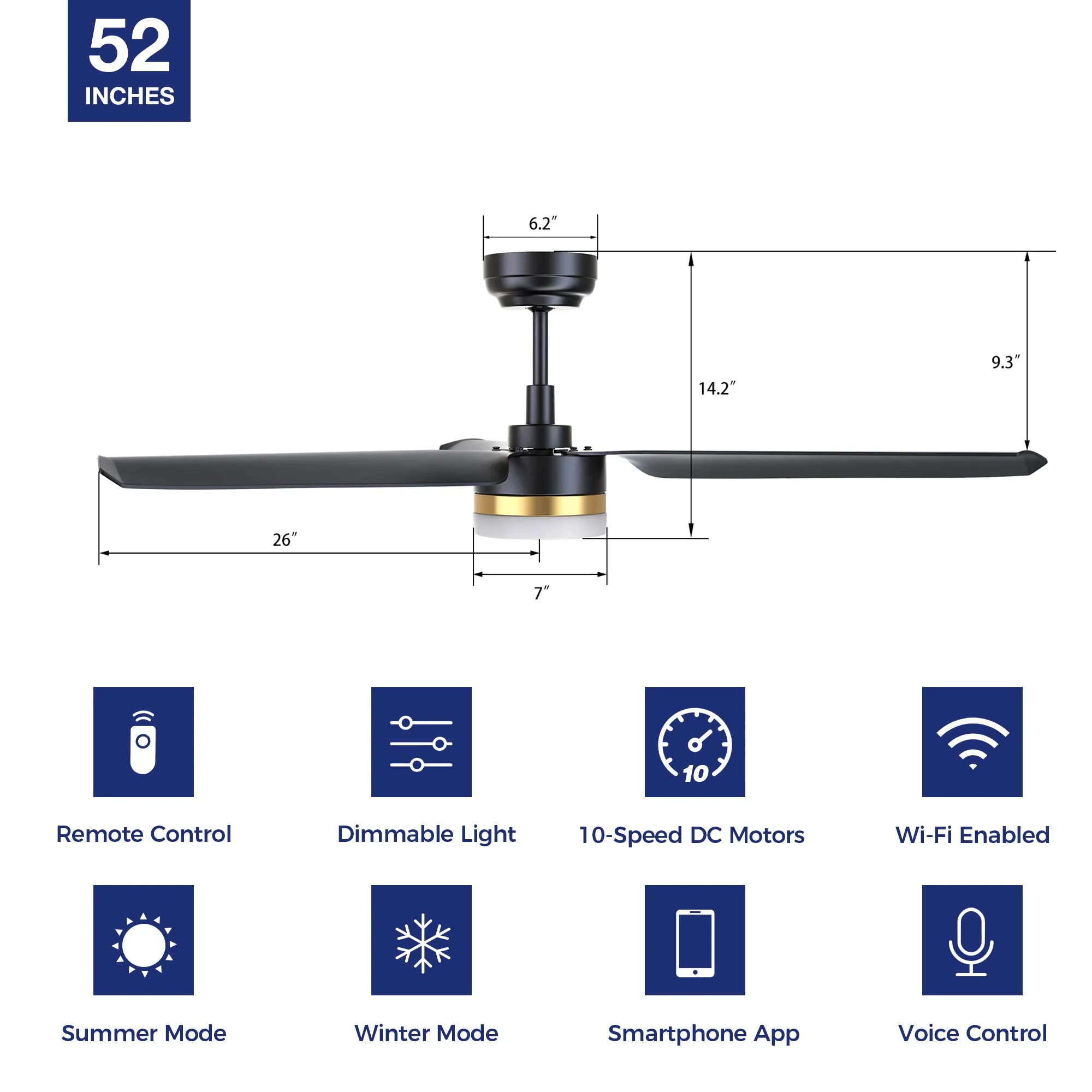 Attis 52 inch Smart Ceiling Fan with Integrated LED Light and Remote