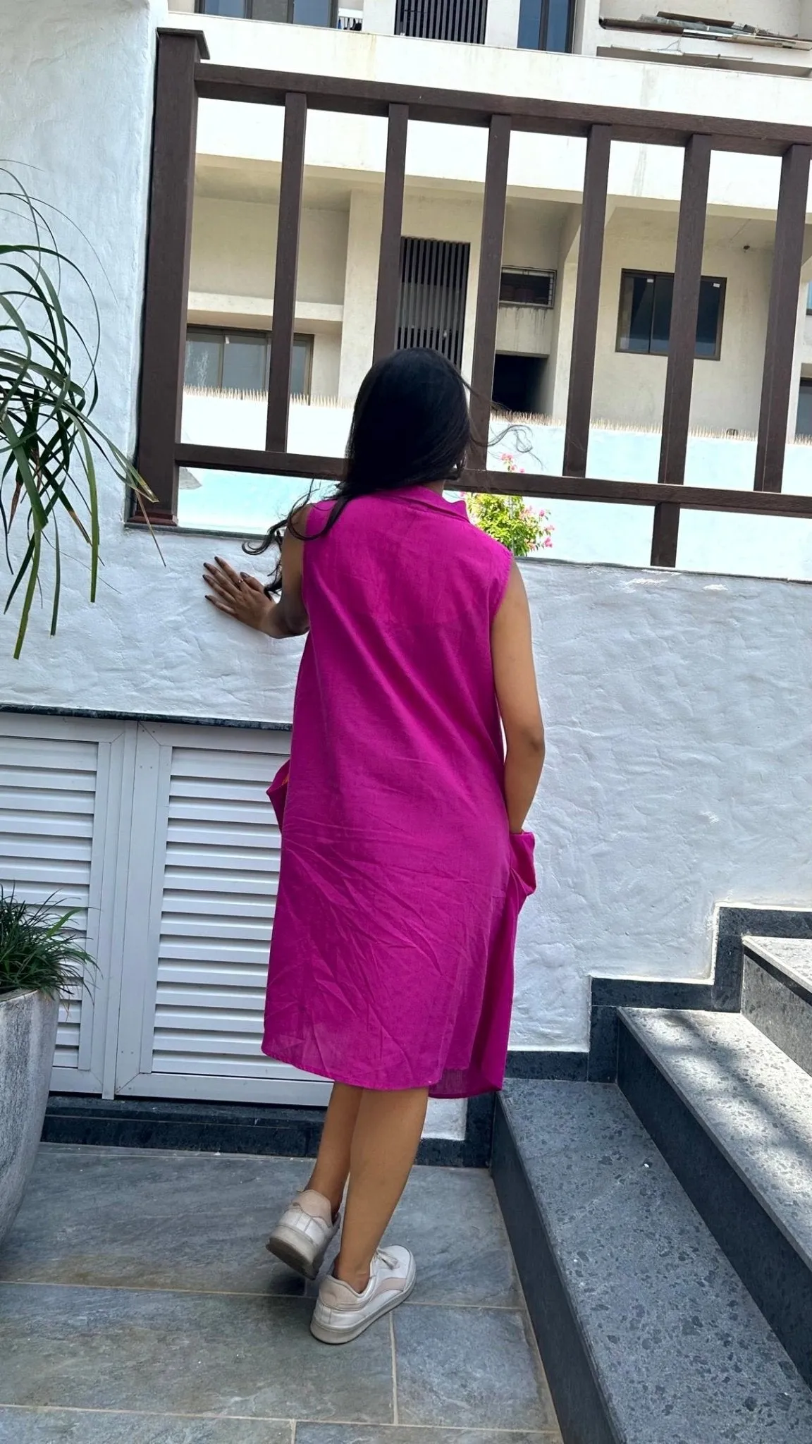 Avni Solid Pocket Handloom Cotton Dress Hot Pink