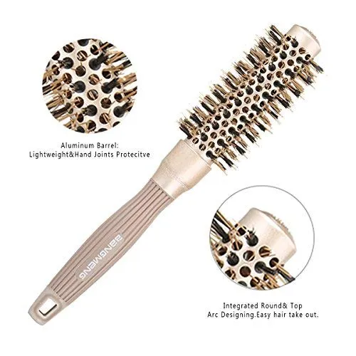 BANGMENG Round Brush with Boar Bristles, 1 inch Barrel, Nano Thermal Ceramic Ionic Tech for Straightening and Blow Drying, Gold