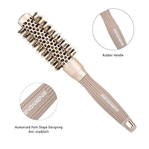 BANGMENG Round Brush with Boar Bristles, 1 inch Barrel, Nano Thermal Ceramic Ionic Tech for Straightening and Blow Drying, Gold