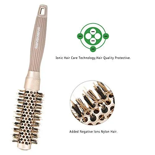 BANGMENG Round Brush with Boar Bristles, 1 inch Barrel, Nano Thermal Ceramic Ionic Tech for Straightening and Blow Drying, Gold