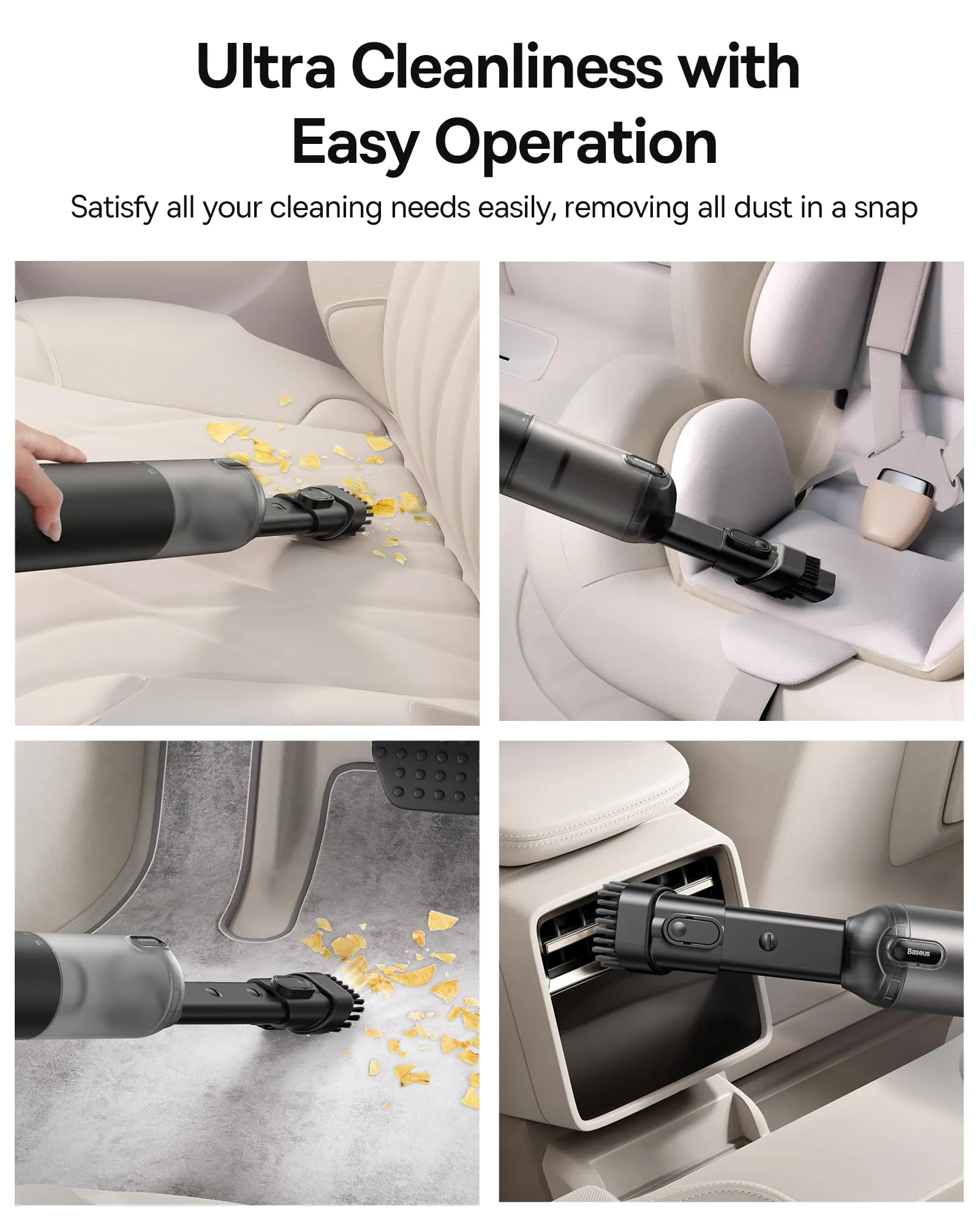 Baseus Car Vacuum Cleaner High Power, A3 Lite 12kPa Handheld Car Vacuum Portable Cordless with USB C Fast Charging, Single Touch Empty, 4-in-1 Air Blower Inflator Pump for Swim Rings, Air Mattress