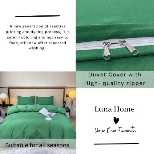 Basic Single Set of 4 Pieces, Luna Home Premium Quality Duvet Cover Set. Green color.