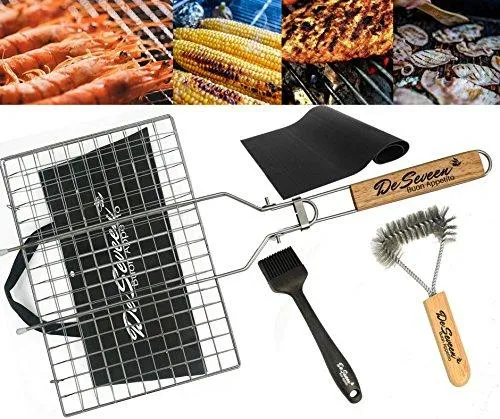 BBQ Grilling Basket Set Includes Grill Mat, Grill Brush, Silicone Basting Brush and Free BBQ Grilling Basket 430 Stainless Steel Removable Wooden Handle