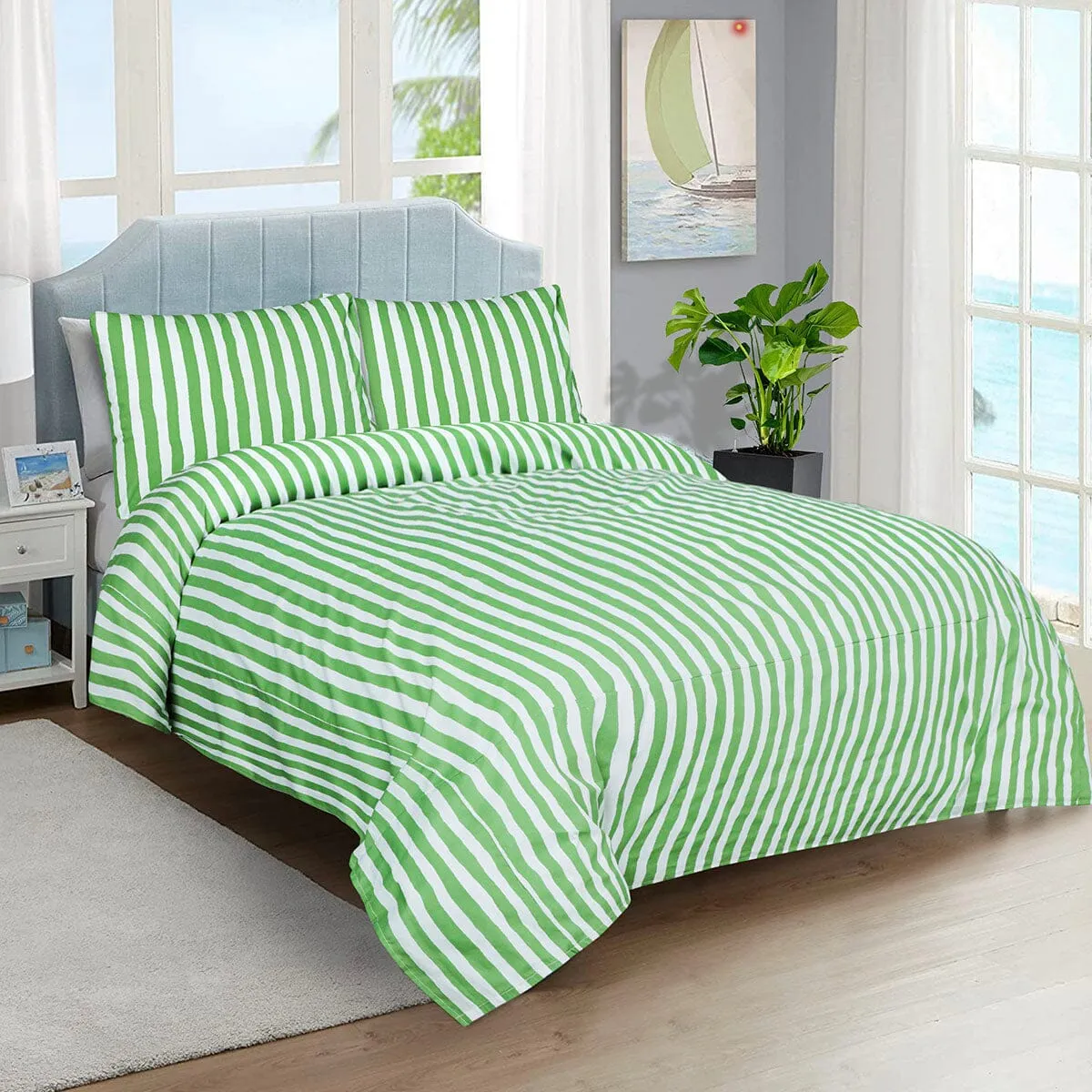 BED SHEET GREEN STRIPE-QUEEN