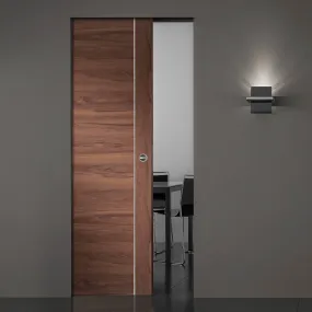 Bespoke Forli Walnut Flush Single Frameless Pocket Door - Aluminium Inlay - Prefinished