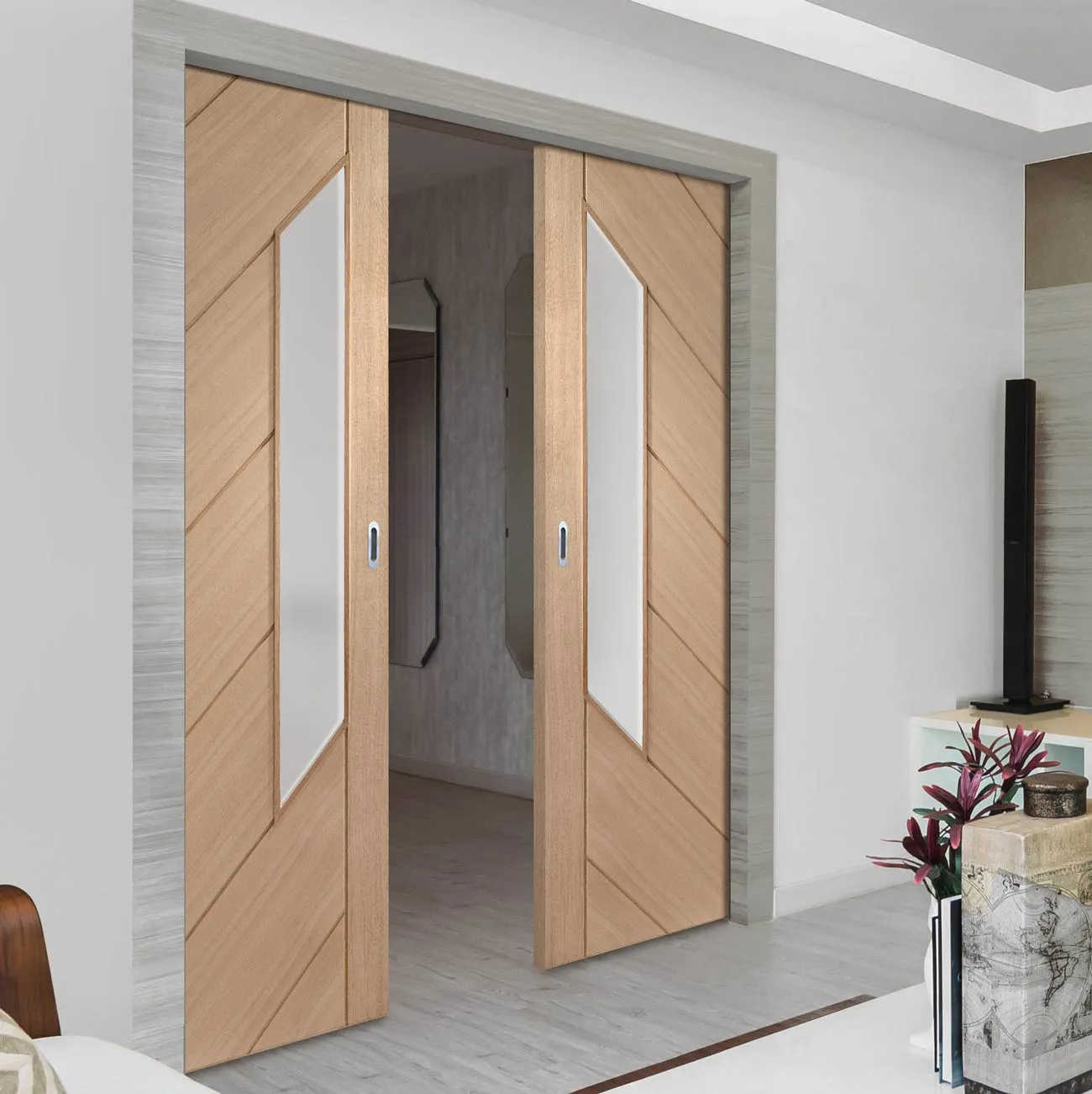 Bespoke Monza Oak Glazed Double Pocket Door