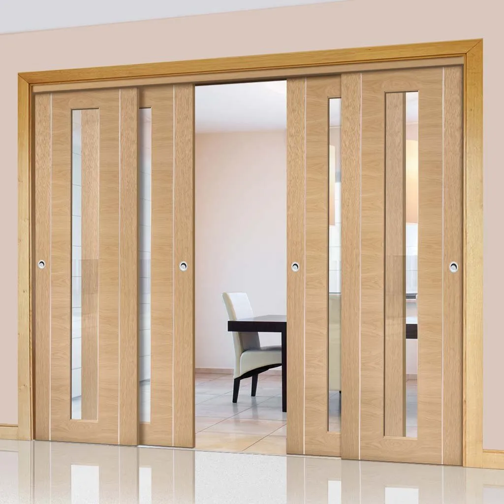 Bespoke Pass-Easi Forli Oak Glazed - 4 Sliding Doors and Frame Kit - Aluminium Inlay - Prefinished