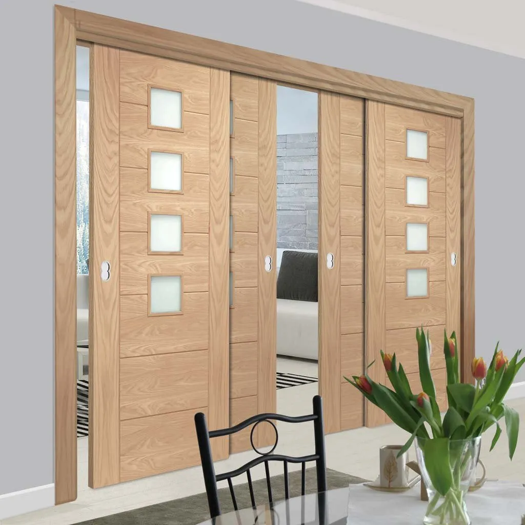 Bespoke Pass-Easi Palermo Oak 4 Pane Glazed - 4 Sliding Doors and Frame Kit