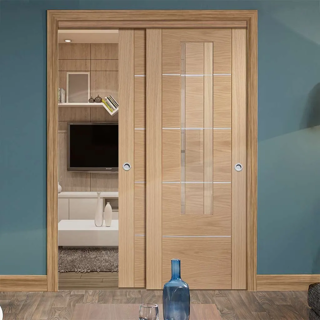 Bespoke Pass-Easi Portici Oak Glazed - 2 Sliding Doors and Frame Kit - Aluminium Inlay - Prefinished