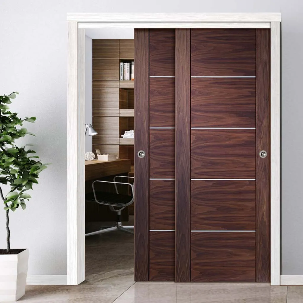 Bespoke Pass-Easi Portici Walnut Flush - 2 Sliding Doors and Frame Kit - Aluminium Inlay - Prefinished