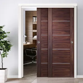 Bespoke Pass-Easi Portici Walnut Flush - 2 Sliding Doors and Frame Kit - Aluminium Inlay - Prefinished