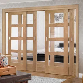 Bespoke Pass-Easi Shaker Oak 4 Pane - Clear Glass - 4 Sliding Doors and Frame Kit