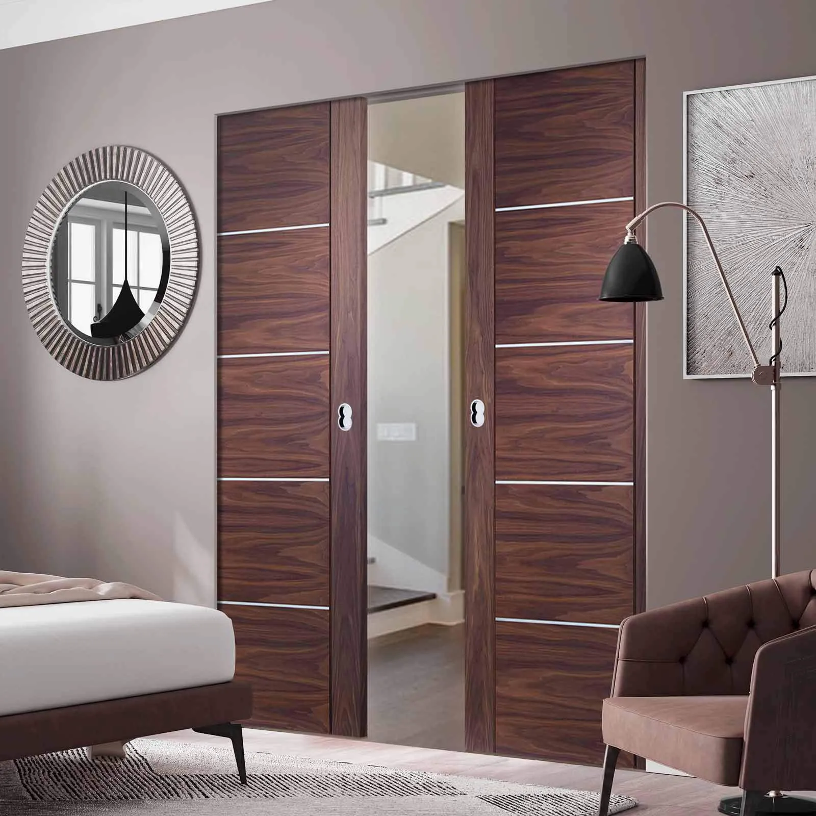 Bespoke Portici Walnut Flush Double Frameless Pocket Door - Aluminium Inlay - Prefinished