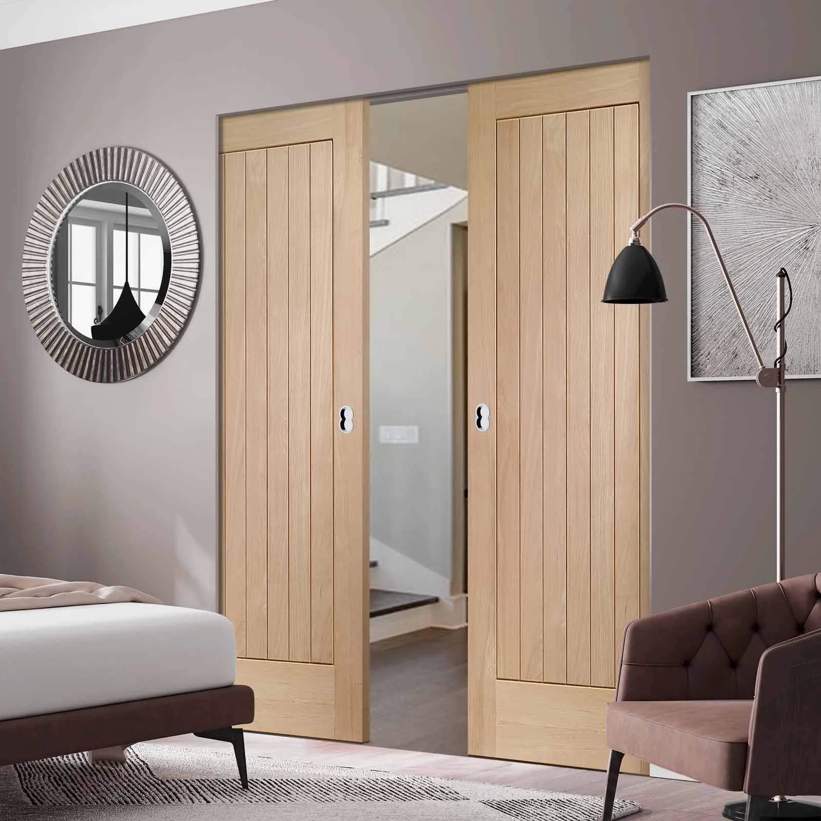 Bespoke Suffolk Oak Double Frameless Pocket Door - Vertical Lining - Prefinished