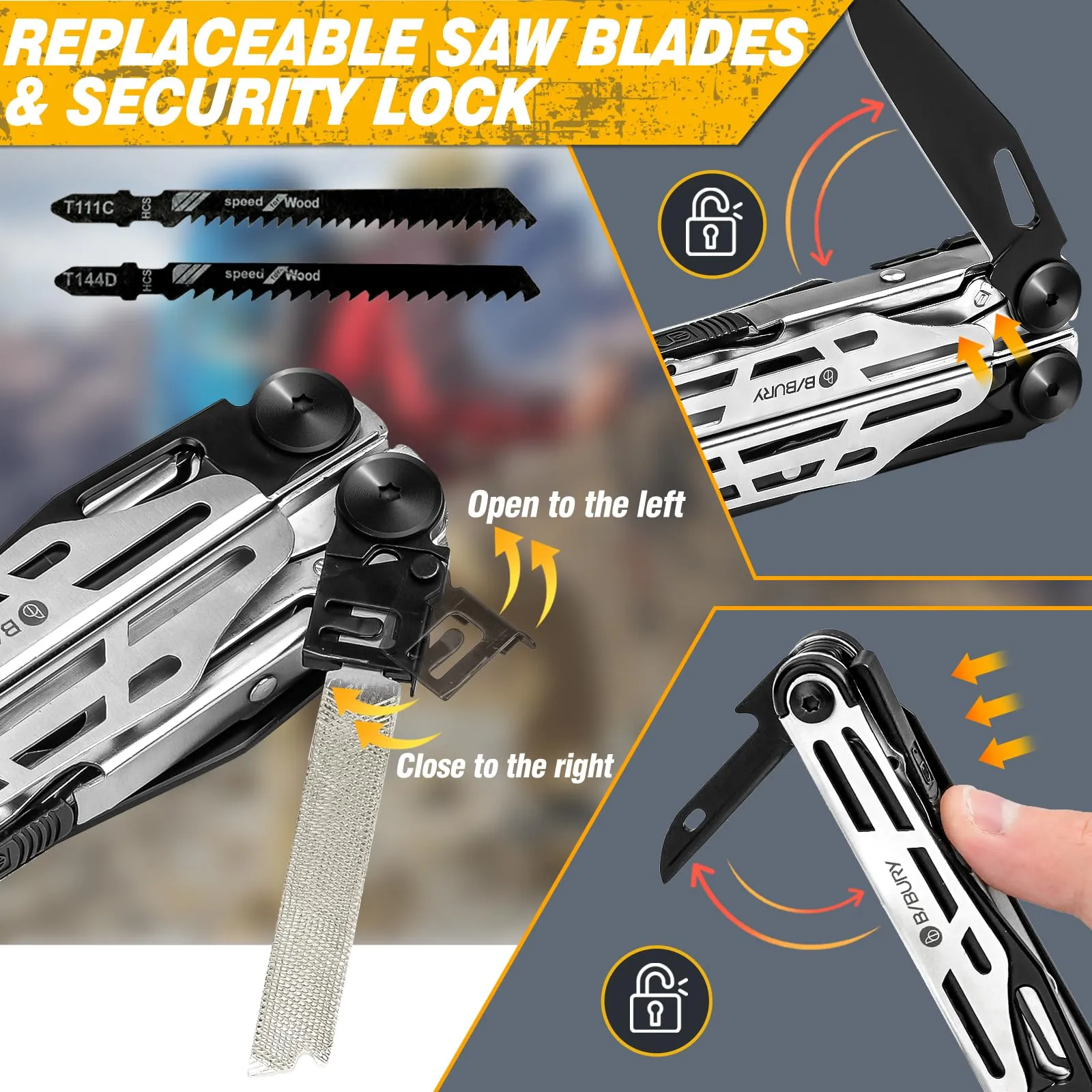 BIBURY Multitool Pliers, Stainless Steel 31-in-1 Multi Tool Pliers with Replaceable Wire Cutters and Saw, Foldable Multitools with Scissors and Screwdriver, Ideal for Camping, Survival, Repair