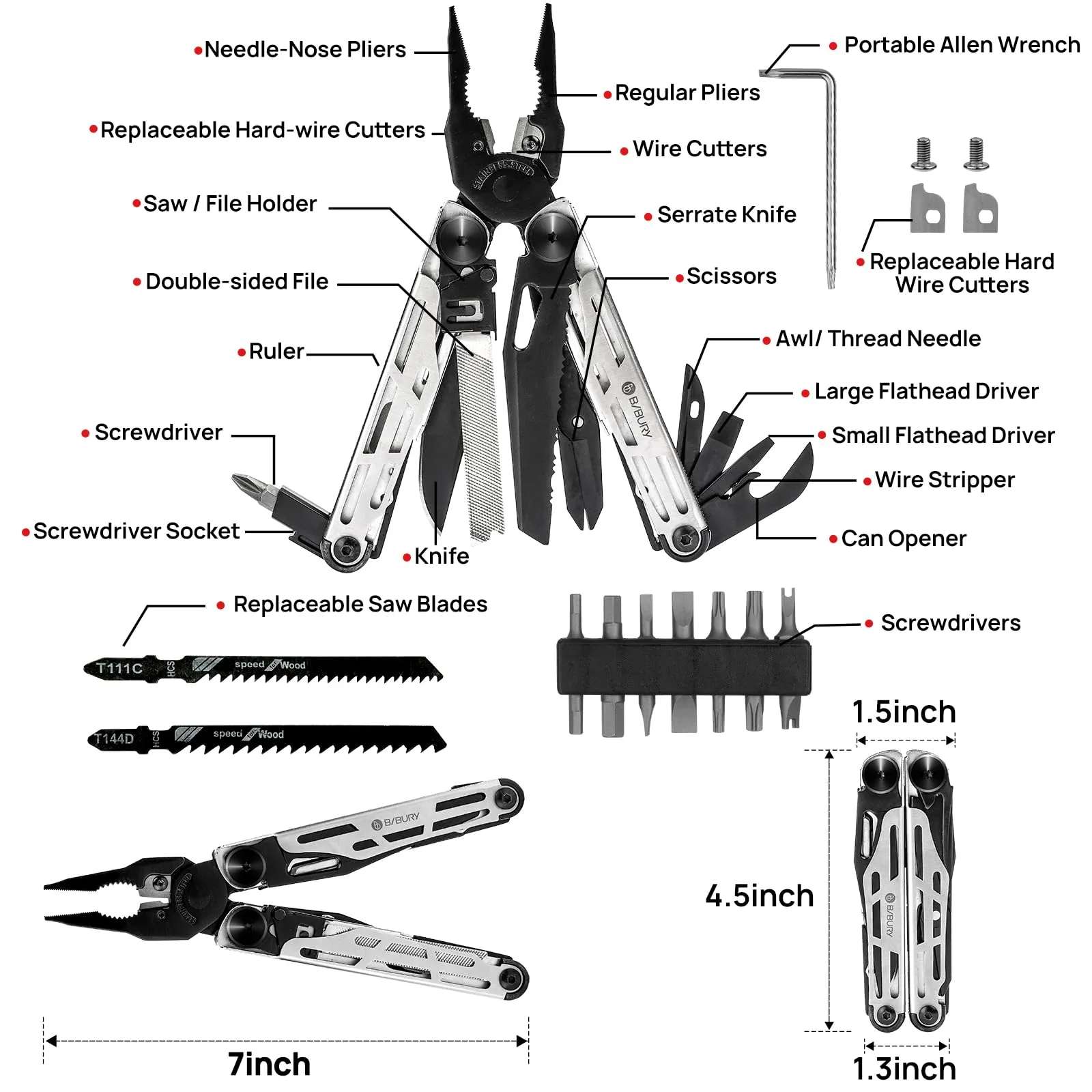 BIBURY Multitool Pliers, Stainless Steel 31-in-1 Multi Tool Pliers with Replaceable Wire Cutters and Saw, Foldable Multitools with Scissors and Screwdriver, Ideal for Camping, Survival, Repair