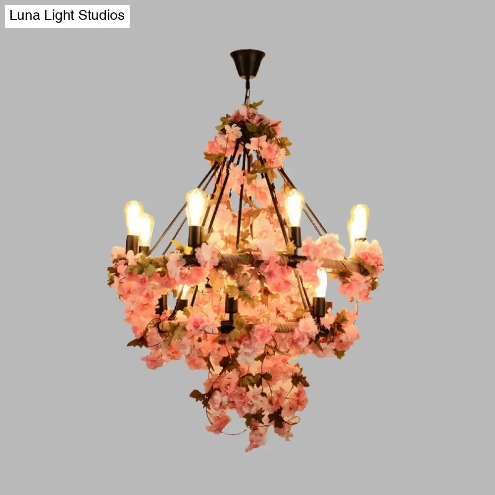 Black Bare Bulb Chandelier with Pink Flower and Rope Suspension - 14-Bulb Light Fixture for Warehouse