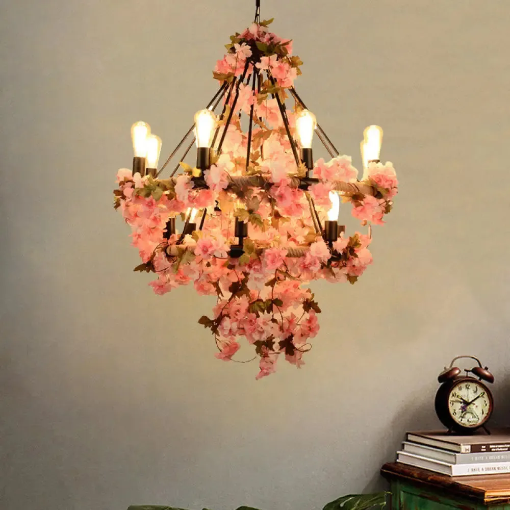 Black Bare Bulb Chandelier with Pink Flower and Rope Suspension - 14-Bulb Light Fixture for Warehouse