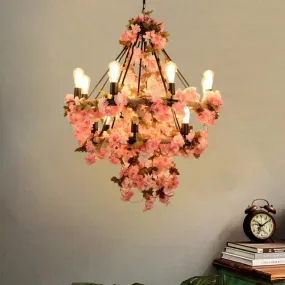 Black Bare Bulb Chandelier with Pink Flower and Rope Suspension - 14-Bulb Light Fixture for Warehouse