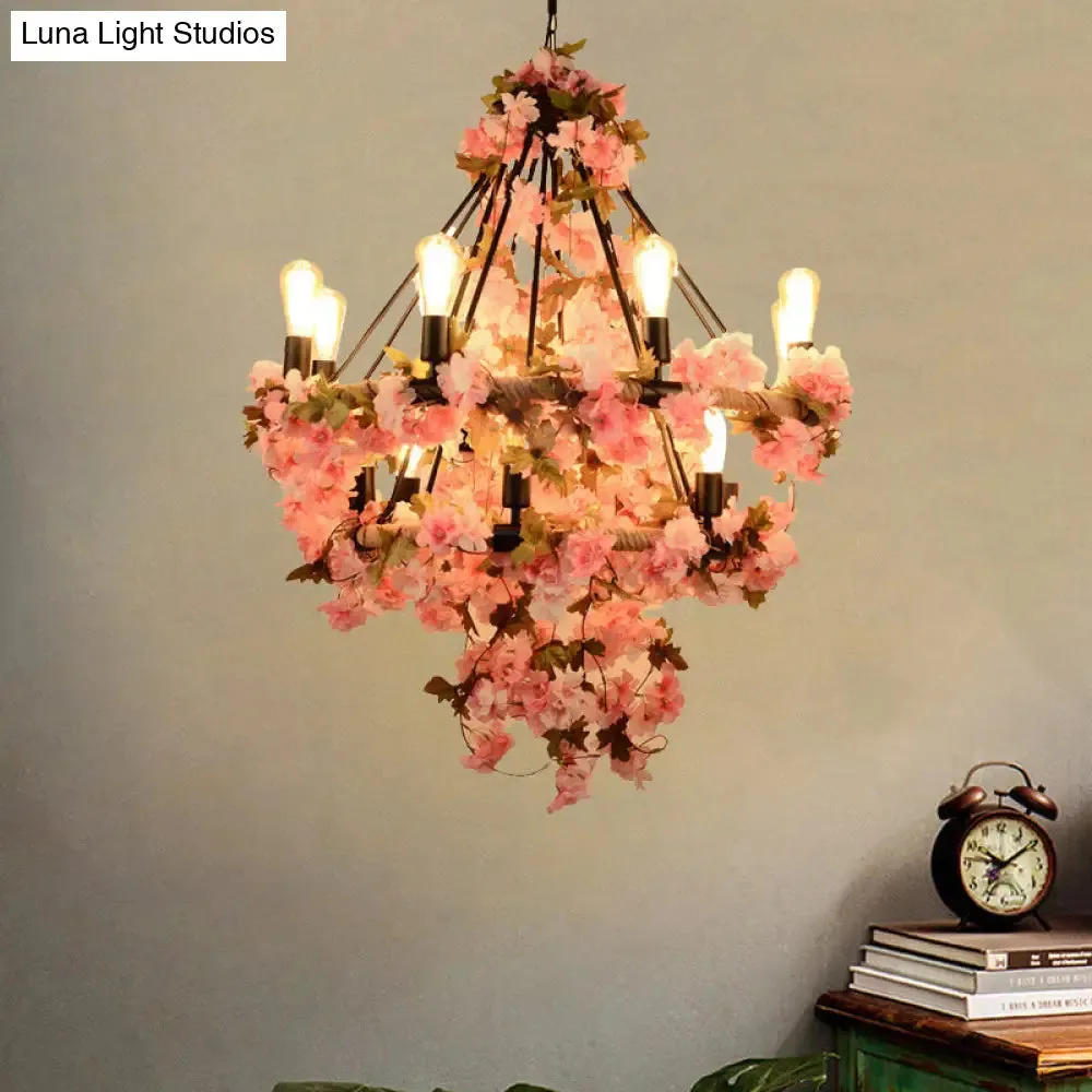 Black Bare Bulb Chandelier with Pink Flower and Rope Suspension - 14-Bulb Light Fixture for Warehouse