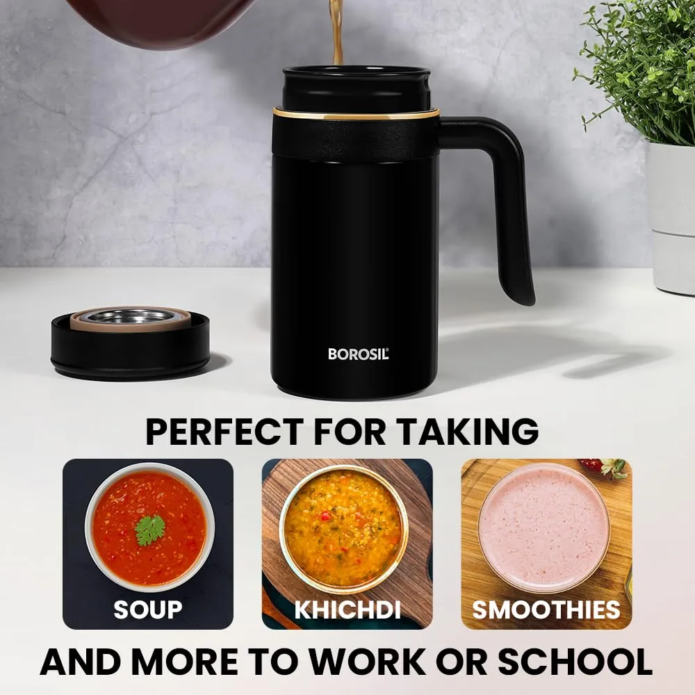 Borosil Hydra Klassic Super Insulated Mug, Vacuum Insulated Travel Coffee/Tea Mug, 8 Hrs Hot and 13 Hrs Cold, Easy to Carry, Leak Proof, 540 ml, Black