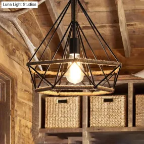 Caged Diamond Pendant Light in Vintage Metal & Rope with Adjustable Cord for Dining Room