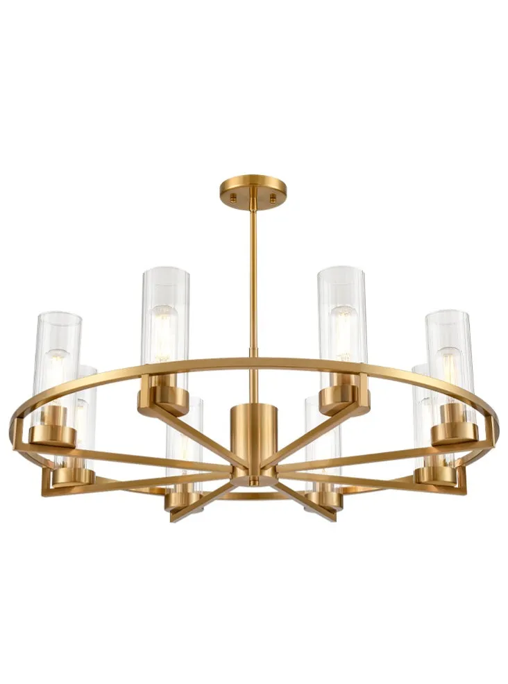 CAM Aged Brass & Ribbed Cylindrical Glass 8 Light Wheel Pendant - ID 13226