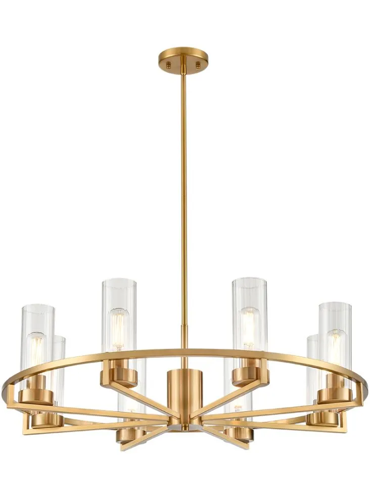 CAM Aged Brass & Ribbed Cylindrical Glass 8 Light Wheel Pendant - ID 13226