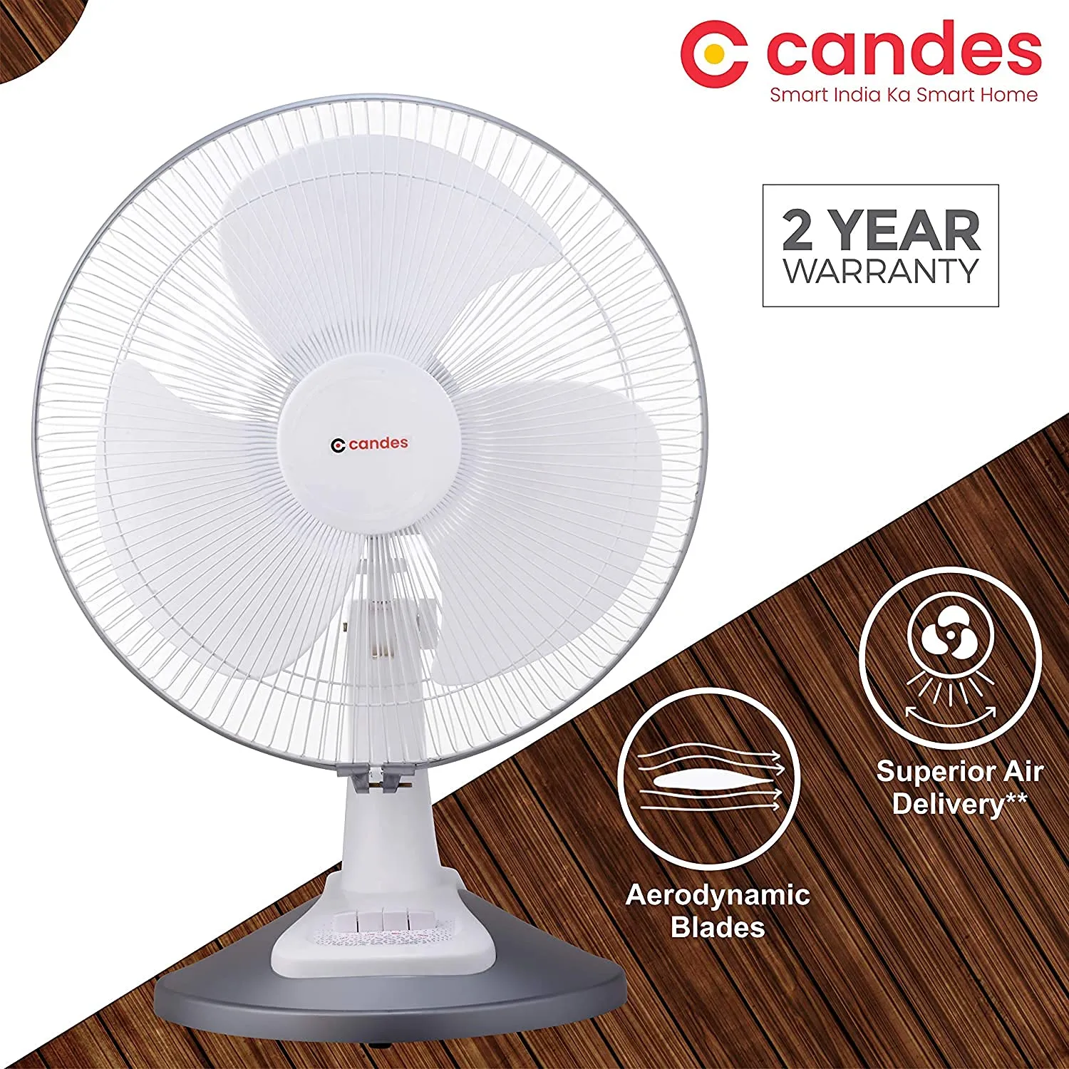 Candes Desker Table Fan for Cooling with Automatic Oscillation (400 MM) 80W (White Silver)