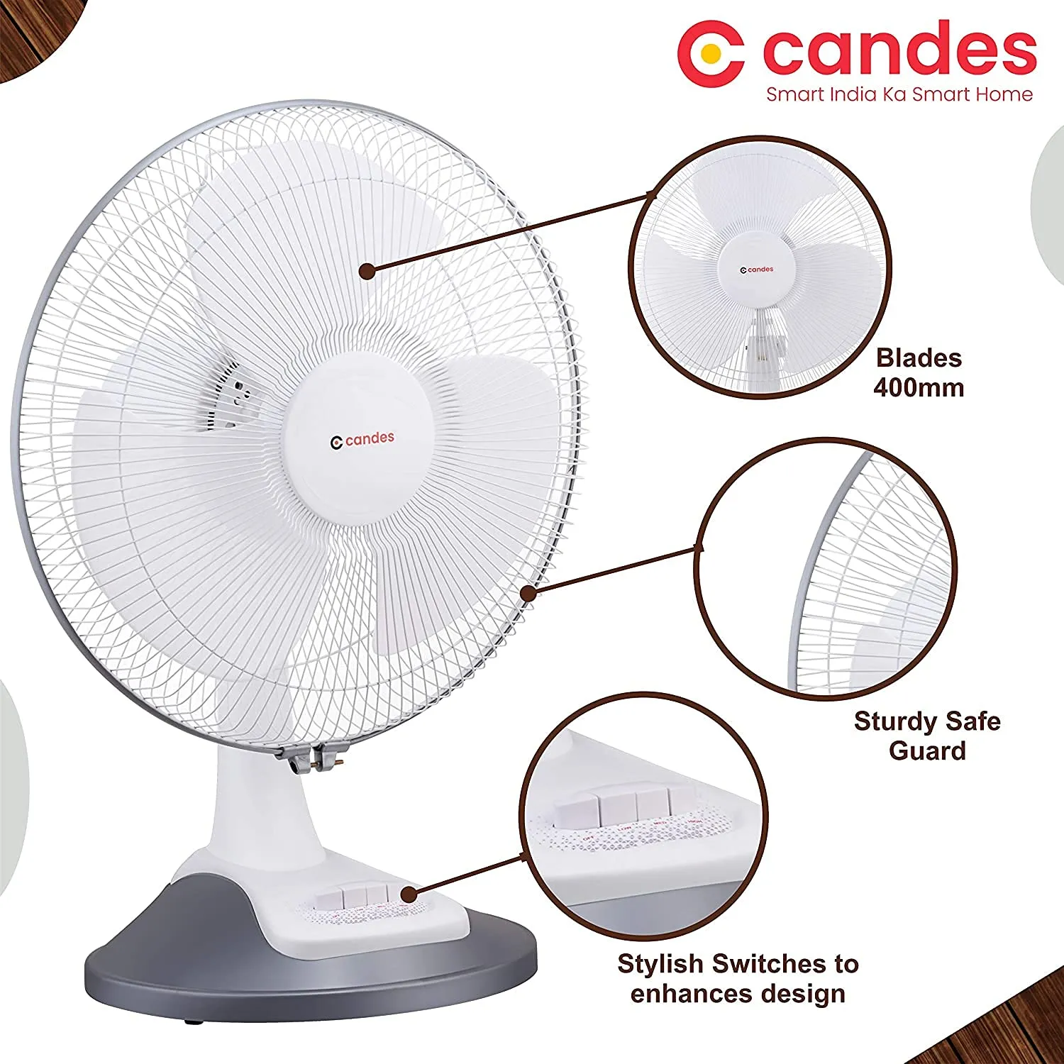 Candes Desker Table Fan for Cooling with Automatic Oscillation (400 MM) 80W (White Silver)