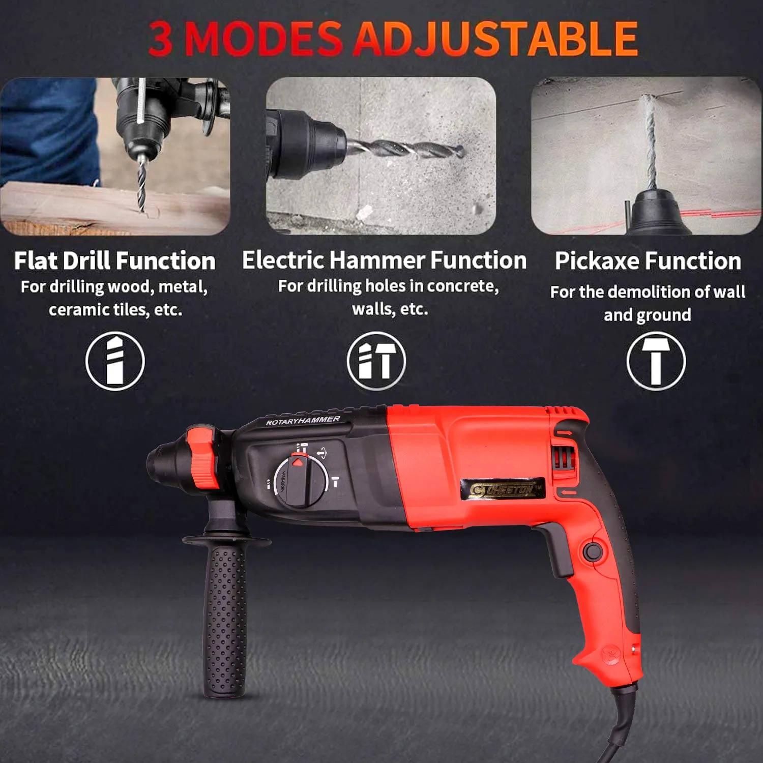 CHESTON 26 mm 850W 900RPM 3 Modes Rotary Hammer Drill Machine with 3-Piece Drill Bit and 2 Chisel