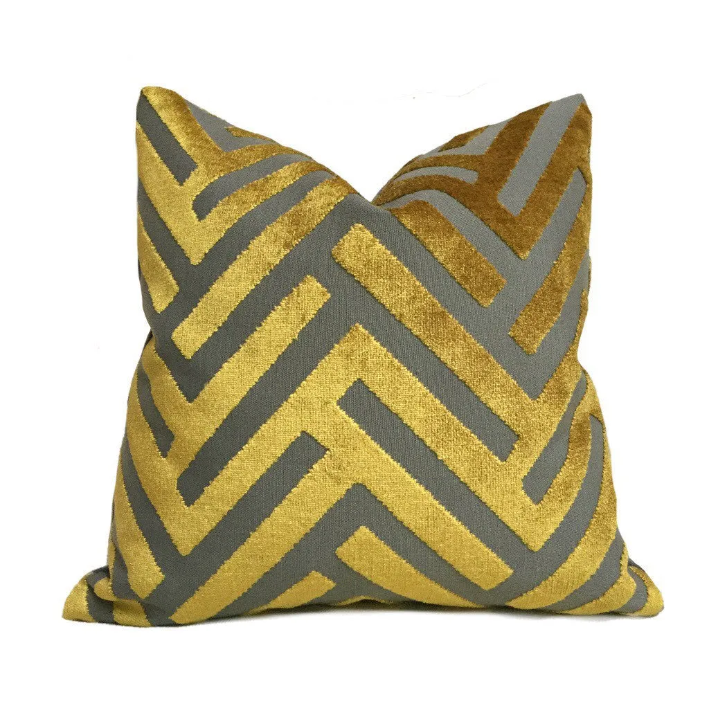 (CLEARANCE) Euclid Gold Gray Chevron Velvet Pillow Cover