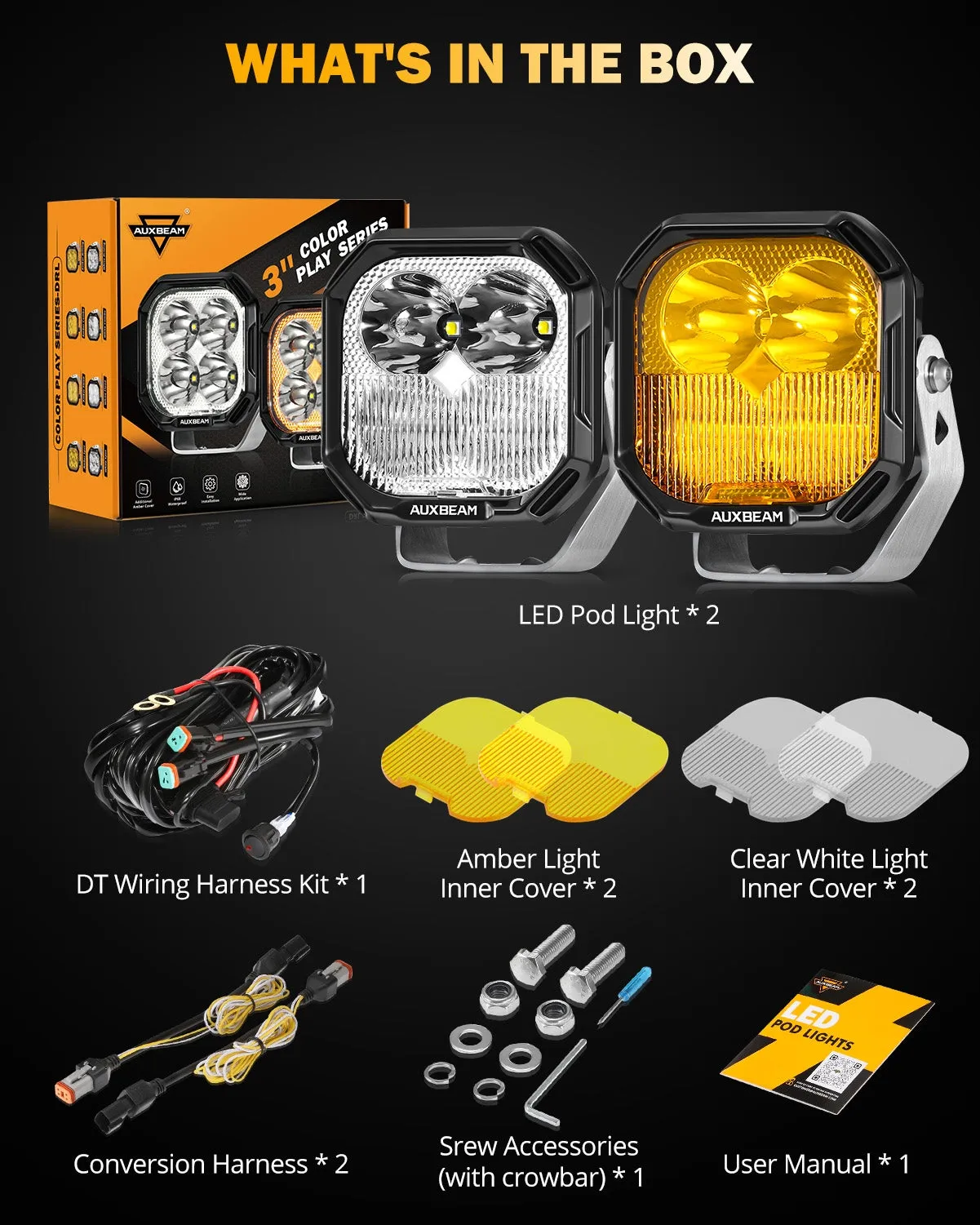 Color Play Series 3 Inch 100W Combo LED Pod Lights Off Road Lights with White DRL & Amber Turn Signal Lights