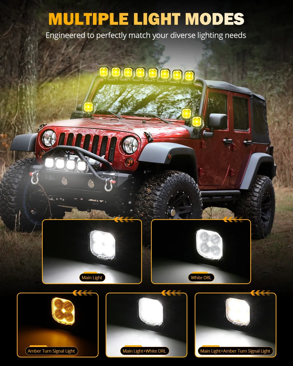 Color Play Series 3 Inch 100W Flood LED Pod Lights Off Road Lights with White DRL & Amber Turn Signal Lights