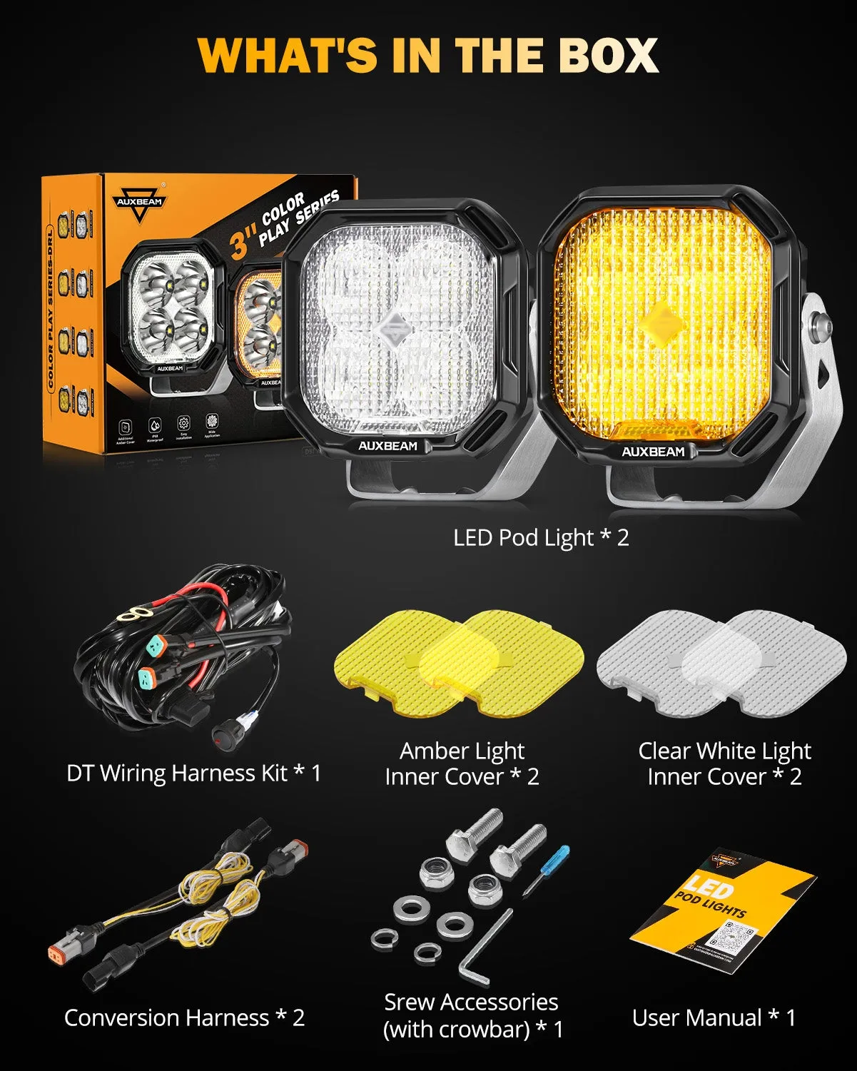 Color Play Series 3 Inch 100W Flood LED Pod Lights Off Road Lights with White DRL & Amber Turn Signal Lights