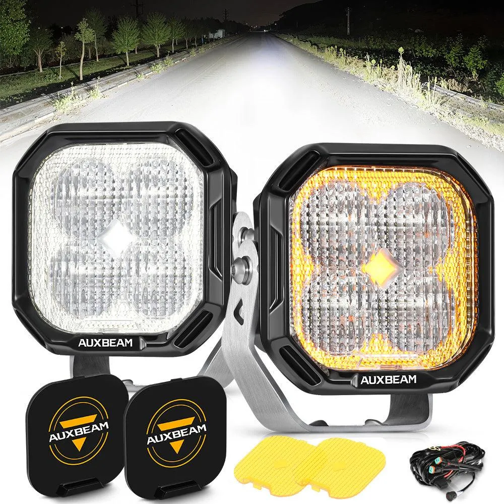 Color Play Series 3 Inch 100W Flood LED Pod Lights Off Road Lights with White DRL & Amber Turn Signal Lights