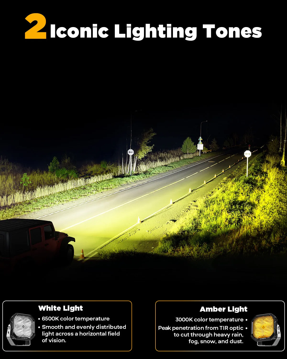 Color Play Series 3 Inch 100W Flood LED Pod Lights Off Road Lights with White DRL & Amber Turn Signal Lights