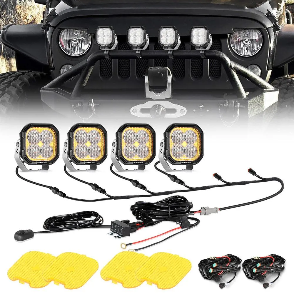 Color Play Series 3 Inch 100W Flood LED Pod Lights Off Road Lights with White DRL & Amber Turn Signal Lights