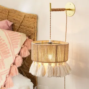 Contemporary Boho Hemp Rope Weaving Cylindrical Cotton Tassel 1-Light Wall Sconce Lamp For Bedroom