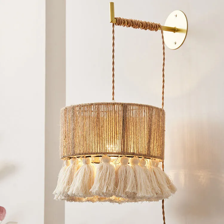 Contemporary Boho Hemp Rope Weaving Cylindrical Cotton Tassel 1-Light Wall Sconce Lamp For Bedroom