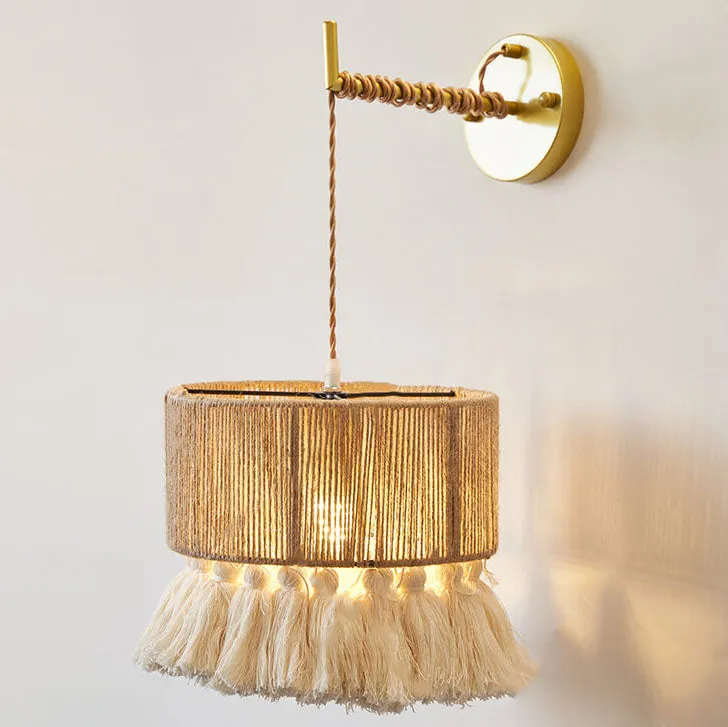 Contemporary Boho Hemp Rope Weaving Cylindrical Cotton Tassel 1-Light Wall Sconce Lamp For Bedroom