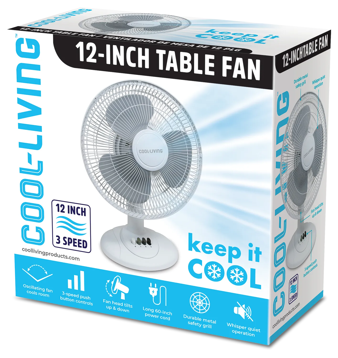 Cool Living 12" 3-Speed Oscillating Table Fan with Adjustable Tilt, Convenient Push Button Controls, Quiet Operation