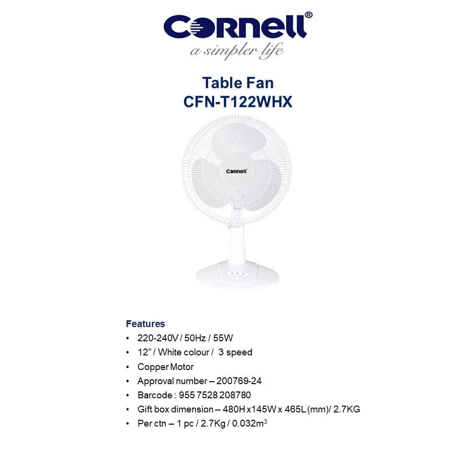 Cornell Table Fan 12 inch CFNT122GY/CFNT122WHX