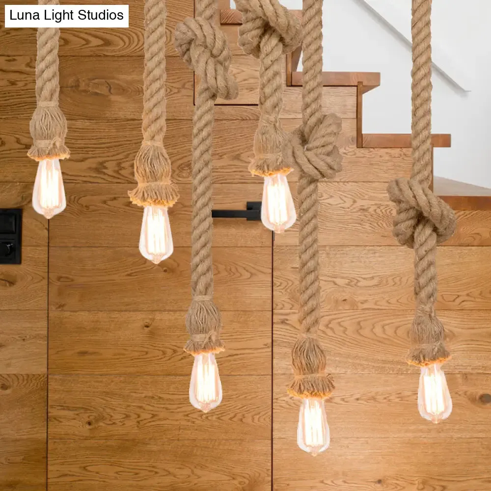 Country 3-Light Beige Rope Pendant with Open Bulb - Natural and Stylish Balcony Lighting