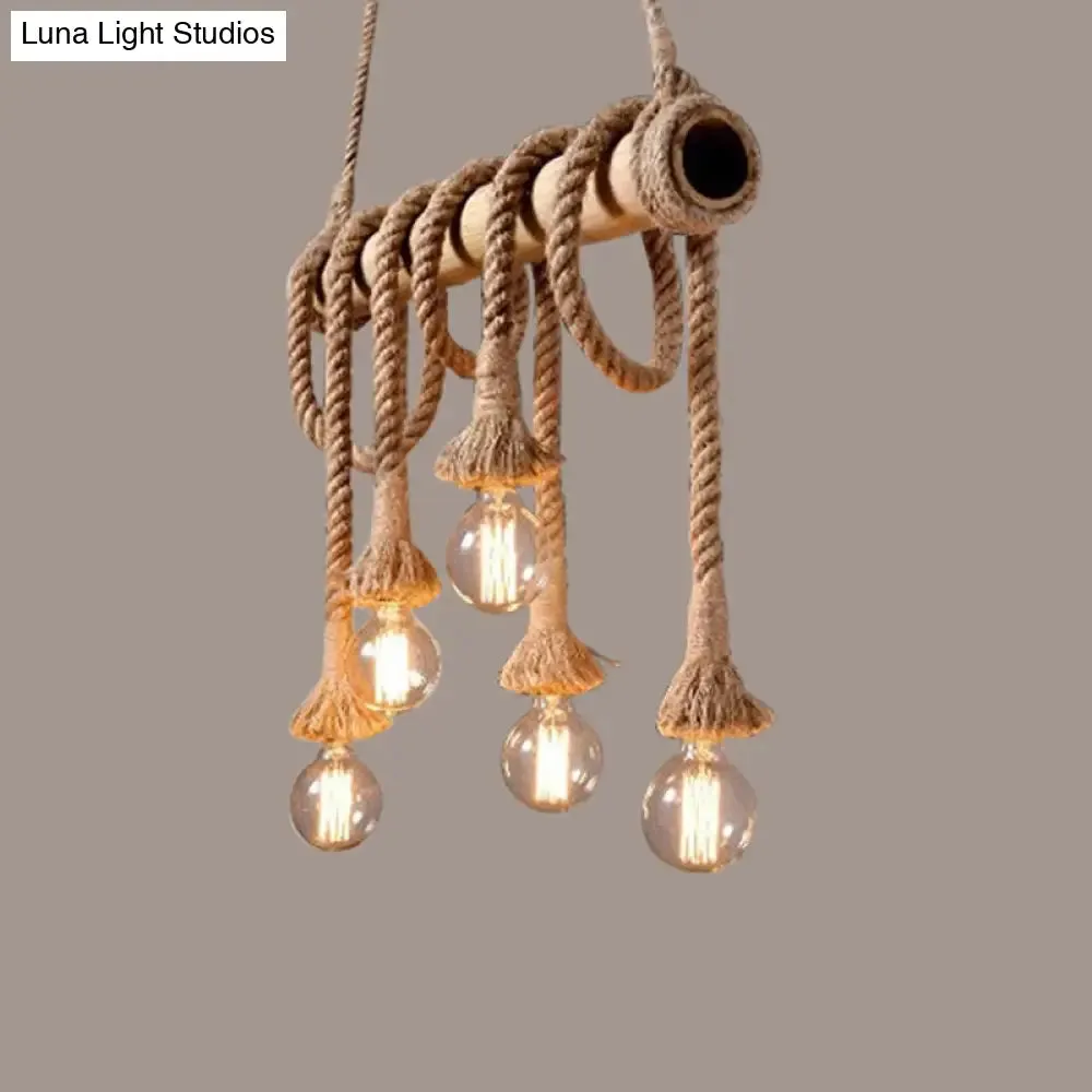 Country Hemp Rope Pendant Lighting with Bamboo Stick - 6 Bulbs, Brown Finish