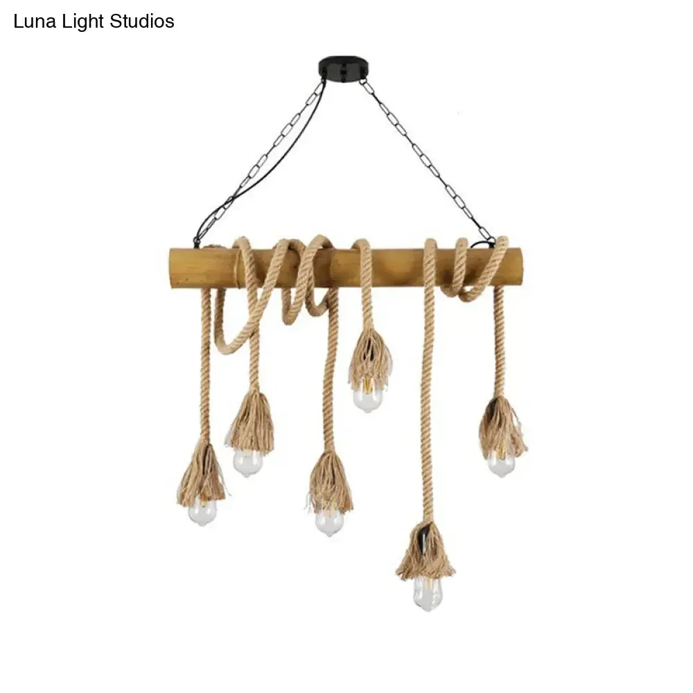 Country Hemp Rope Pendant Lighting with Bamboo Stick - 6 Bulbs, Brown Finish